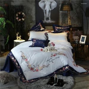寝具セット4/7pcsブルーハイエンドの豪華な牧歌的な花刺繍100S/800TCエジプト綿セット布団カバーベッドシート枕カバー