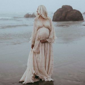 Boho moderskapsklänningar för fotografering sexig v-ringad veckad chiffong långärmad rufs graviditet klänningar kvinnors fotografering klänningar