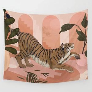 Tapissries Pink Tiger Tapestry Ainmal Plant Cartoon Dorm Room Ins Painted Wall Hang Boho Decor tyg Jungle