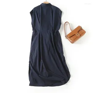 Casual Dresses Maxdutti French Navy Blue Midi Dress Office Ladies Elegant ärmlös Fashion Retro Samla midjependlare Leisure Party