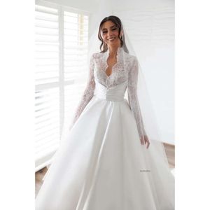 Muhteşem saten top elbiseler dantel boyun uzun kollu kilise gelinlik prensesi vestidos de mariage kabarık etek 0516