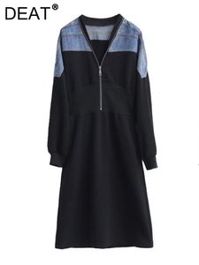 Deat Women Denim Sukienka Patchwork Zipper V-Neck wysoki talia Kolor kontrastu z długim rękawem Sukienki 2024 Summer