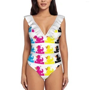 Women's Swimwear Cmyk Ruffle One Piece Swimsuit Women Push Up Monokini Sexy Print Bathing Suit Cyan Magenta Yellow Black Color