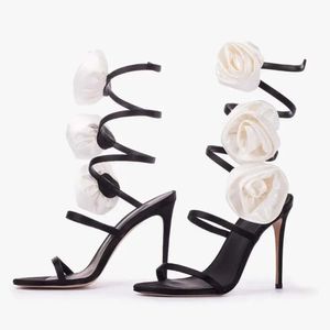 Deri 2024 10 cm sandalet koyun derisi saten stiletto yüksek topuklu elmas yaz dar bant bir satır peep-toe açık ayak parmağı 3d çiçek begie dip boyutu 34-43 d 383d 383
