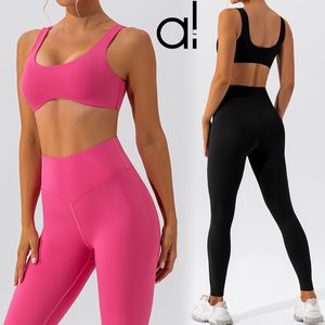 AL Yoga Suits 2 Piece Sports Bra Tank + HIGH-WAIST Leggings Women's Underwear Wide Straps Bras Fitness Run Train Shock-absorbing Gathered Vest Stretch Tight Trousers