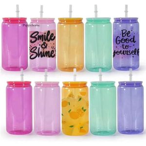 Jelly Warehouse 16oz USA Tumblers Color Sublimation Glass Tumbler Juice Jar Iced Beverage Soda Drycker Öl Can Glasskoppar Kaffemuggar med färgade lock Strå