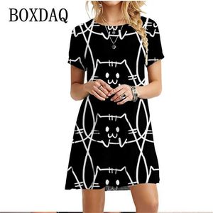 Basic lässige Kleider bemalt Musterkatzen Druckkleid Kurzes Slve Kawaii Frauen Kleider Sommer für 2022 Mode O-Neck Strt Casual Lose Clothing Y240515