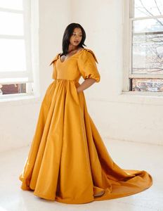 Party Dresses Puff Sleeves Prom Women V Neck Long Vestidos Novia With Pockets Formal Evening Gown Gold Fashion Celebrity Dress