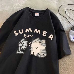 Herren T-Shirts American Street Creative Blow Fan Katze reines Baumwoll-T-Shirt Herren Sommer Lose kurzärmeliges Paar trägt Harajuku Top Grade Q240515