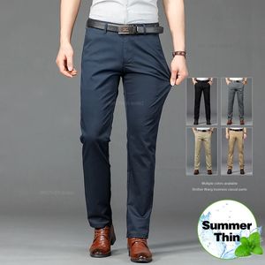 Summer Ultra-Thin Mens Elastic Casual Pants Classic High Maisted Business Straight Edition Solid Color Trousers Black Khaki 240506
