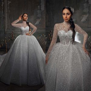 Graceful Wedding Dresses High Neck Bridal Ball Gowns Sequins Beading Long Sleeve Sweep Train Custom Made Bride Dress Vestido De Novia