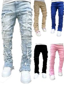 Mäns jeans 2024 Ny Spring Slim Fit Mens Patched Jeans Strängt rippade tvättbyxor Mannar Staka ben staplade denimbyxor T240515