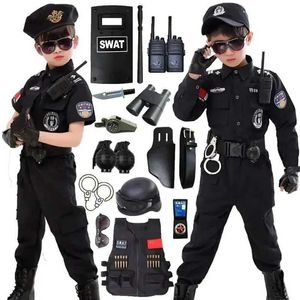 Kläder sätter nya barns enhetliga polisdräkt roll spela barns polis topp byxor hatt klänning pojkar och flickor polis kostym halloween julklapp wx