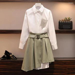 Vestidos de trabalho A-line Salia Conjunto de camisa branca Mulheres 2 peças Streetwear Cool garotas de garotas de estilo coreano Roupas de inverno de outono