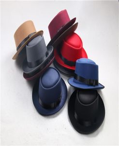 Ny mode retro filt jazzhatt runda platt topp hattar för män kvinnor elegant solid filt fedora hatt band bred platt brim jazzhattar pa1905528