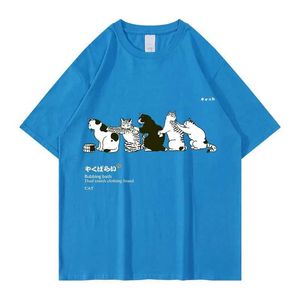 Herren-T-Shirts 2022 Herren Hip Hop T-Shirt Street Kleidung Japanisch Hanji Harajuku Lustige Katze Sommer kurzärmeligste Baumwolle gedruckt Q240515