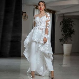 Modest Floral Appliques Sheath Wedding Dresses Front Short Long Pants Bridal Gown Button Back Beach robe de mariage 0516