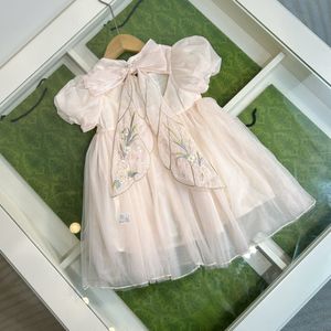 Designer Girls Flower Brodery Ribbon Party Dresses Kids Puff Sleeve Princess Dress Summer Children Gaze Tutu Dress S1378