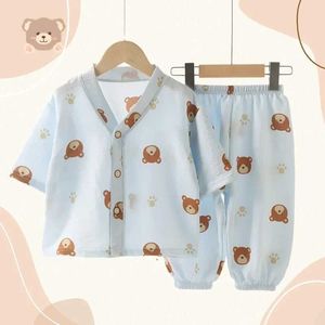 Pajamas New 2024 Childrens Summer Thin Pajama Set for Boys and Girls Cute Cartoon Three Quarter Sleeves V-Neck Shirts with Pants Baby Casual Wear d240517