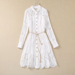 European and American women's clothes 2024 spring new Long sleeve flower button lace chain belt Fashion pleated white dress