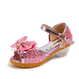 어린이 2023 New Autumn Casual Glitter Bow Knot Children High Heel Girls Shoes Fashion Princess Dance Party Sandals L2405 L2405