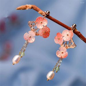 Brincos de berros dangle Retro Pétalas de vidros rosa retro pérolas naturais ginkgo deixa estilo chinês Trassels longos para mulheres joias étnicas