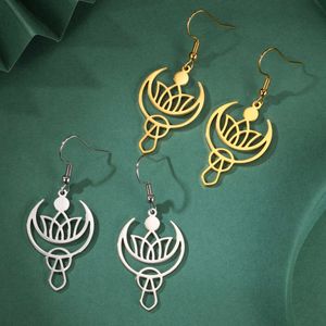 Moon Crescent Lotus Flower Drop Earrings Stainless Steel Women Bohemian Zircon Geometric Pendant Buddhist Amulet Jewelry