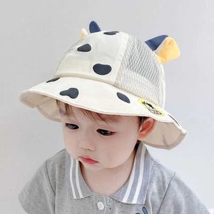 Caps Hats Cute cow printed baby bucket hat summer mesh fisherman hat suitable for young children boys and girls cartoon ears children Panama sun hat WX