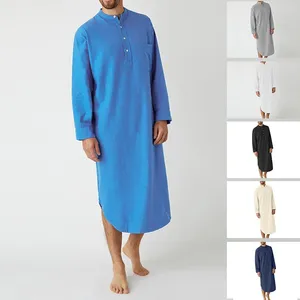 Ethnic Clothing Muslim Arab Solid Color Long Sleeved Button Up Shirt Nightgown For Men