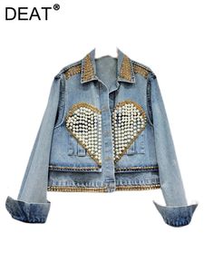 Deat Womens Denim Coat Heart Beading Pearls Gold rebites soltos de manga longa e de manga longa solta 2024 Moda de verão 29L2503 240515