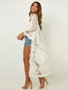 Pizzo spiaggia kimono costume da bagno bianco copri per le donne ricamato abiti trasparenti lunghi costumi da bagno lunghi