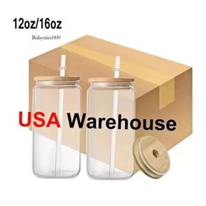 Warehouse US 16Oz Sublimation Glass Tumbler Frosted Cola Can Bamboo Lid Beer Tail Cup Whiskey Coffee Mug Iced Tea Jar 0516