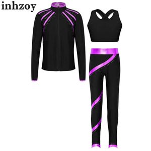 Set di abbigliamento per bambini ragazze figura pattinaggio ginnastico costume a maniche lunghe con cerniera con cerniera con leggings per crollo panriti fitness tracce di yoga da yoga