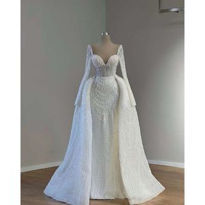 Kawałki biała syrena z odłączonym pociągiem długie rękawy Perły Suknie ślubne Vestido Blanco Brides Sukienki