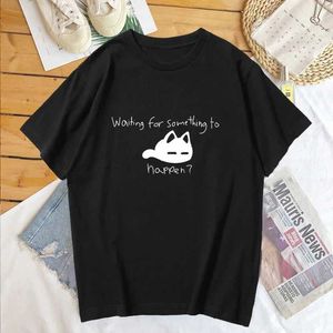 T-shirt femminile in attesa che accada qualcosa di stampato con gatto Omori maglietta da donna t-shirt harajuku slve slve-scollo t-shirt t tops abbigliamento t240515