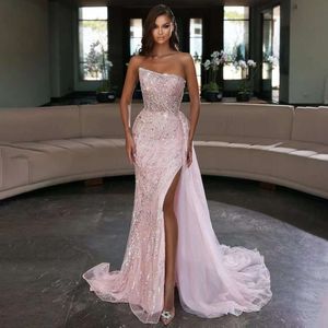 Tulle Evening Dresses Crystal High Split Sequined Strapless Mermaid Beaded Formal Party Prom Gowns Vestidos De Gala