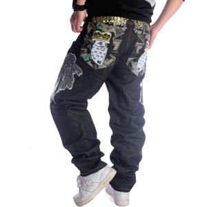 Trendy men's loose fitting straight tube skateboard embroidered flower wings street dance clothing hip-hop denim pants black enlarged M516 82