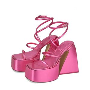 Ladies 2024 Frauen echtes echtes Leder 13,5 cm High Heels Sommersandalen 4,5 cm Plattform Hochzeitskleid Diamant Sexy Schuhe Ein-Line-Schnalle Schmales Band Festgröße 2AF11