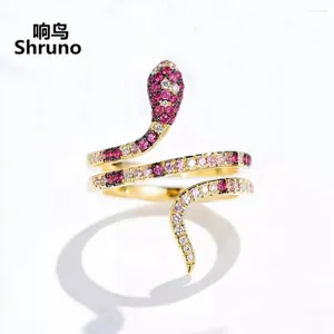 Klusterringar shruno solid 14k gul guld orm ädelsten ring personlighet rosa safir diamanter kvinnor band utsökta trendiga smycken