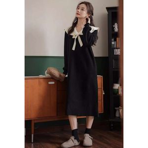 2024 Korean Style Pregnant Women Black Autumn Winter Long Sleeve Bowknot Collar Maternity Knitting Dress Pregnancy Sweater