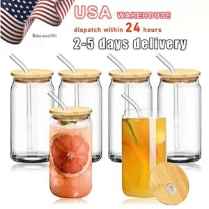 US CA Stock 16oz Sublimation Glass Bier Tassen mit Bambusdeckel Stroh Stroh DIY Blanks Frosted Clear Can Fored Tumblers Tasse Wärmeübertragung Schwanzkaffee Coffee Soda 0516