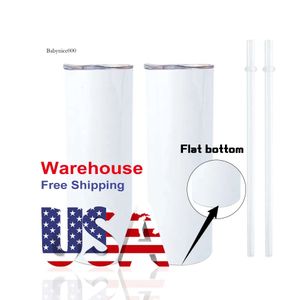 USA CA Warehouse Stocked 20Oz Flat Edge Bottom White Double Wall Skinny Straight Sublimation Blank Tumbler With Straw 0516