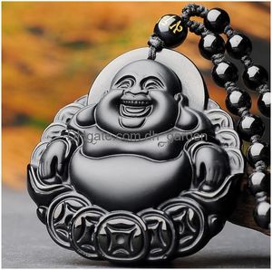 Pendant Necklaces Natural Obsidian Money Buddha Necklace China Hand Carved Fashion Jewelry Accessories Gifts For Men And Women Wholesa Otad6