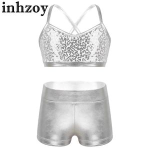 Dancewear Kids Girls Ballet Dance Gymnastics Clothes Shiny paljetter Crop Top med Metallic Shorts Gym Sports Fitness Yoga Workout Dancewearl2405