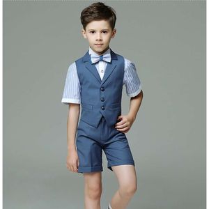 Schulkinder Weste Shirt Shorts Bowtie 4ps formelle Jungen Sommer Blau Hochzeit Anzug Kinder Fotografie Kostüm Teenager Uniform