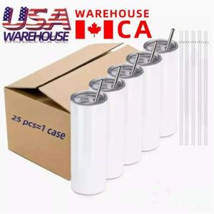CA USA Warehouse 25Pc/Carton Sublimation Tumblers 20Oz Stainless Steel Double Wall Insulated Straight Blank White Water Cup With Lid And Straw For Heat Transfer 0516