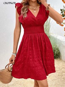 Basic Casual Dresses Elegant Short Dresses For Women Summer Casual Slim Red Slveless Holiday Beach Dress Fashion V Neck A-line New In Dresses 2024 Y240515