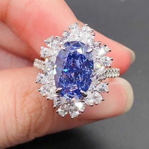 결혼 반지 판타지 14K 보석 4.5ct 타원형 컷 사파이어 블루 다이아몬드 약혼 반지 솔리드 585 플래티넘 의식 선물 200r Q240514