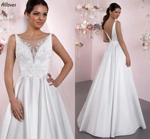 Nowoczesne białe satynowe sukienki ślubne bez rękawów koronkowe eleganckie eleganckie boho ogrodowe sukienki ślubne podłogowe podłogę bez pleców kobiety recepcyjne de Mariee cl3560