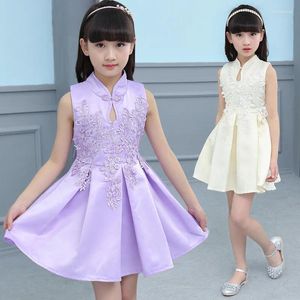 Kız Elbiseler Çiçek İşlemeli Aplikeler Qipao Elbise Yaz Kid Çin tarzı Chi Pao Kızlar Cheongsam kolsuz Qi-Pao